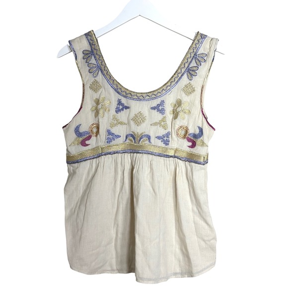 Christophe Sauvat Tops - Christophe Sauvat Metallic Embroidered Boho Beaded Babydoll Top Cream Medium
